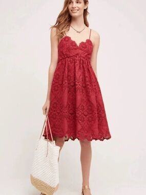 Maeve by Anthropologie Wine colored Lace Spaghetti-Strap Dress